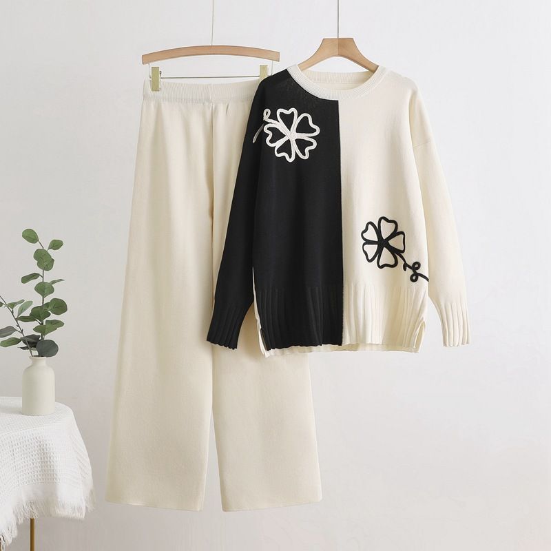 Women's Clothing Color Matching Knitted Top Versatile Color-Block Knit Top & Solid Wide-Leg Pants Set – Stylish Loungewear For Casual & Office Wear_voghion.com