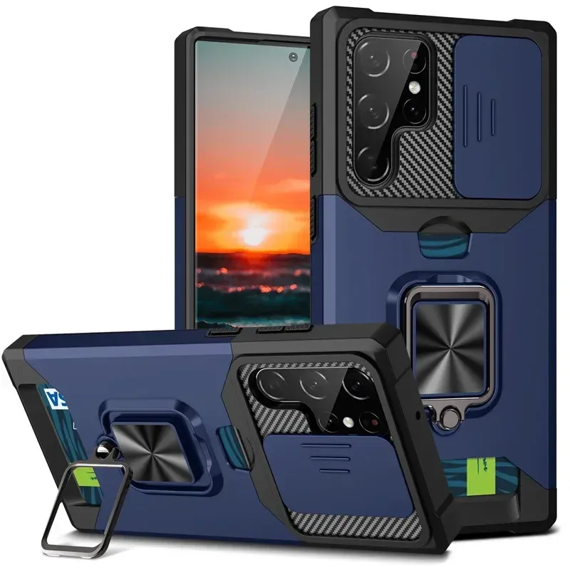 Zırh Darbeye Dayanıklı Kılıf Samsung Galaxy S25 Ultra Plus S24FE A16 A06 A55 Yüzük Standı Slayt Kamera Lens Kart Yuvası Cüzdan Kapağı_voghion.com