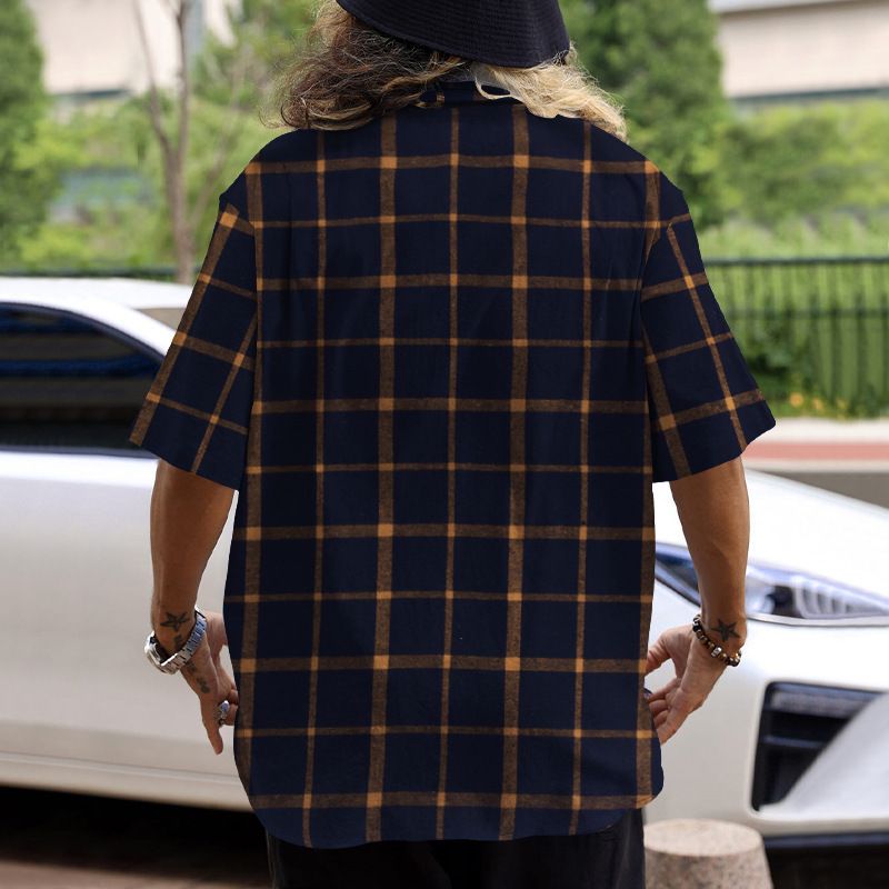 2024 Men's Trendy Plaid Patchwork Buttoned Casual Sports Short Sleeve Shirt_voghion.com