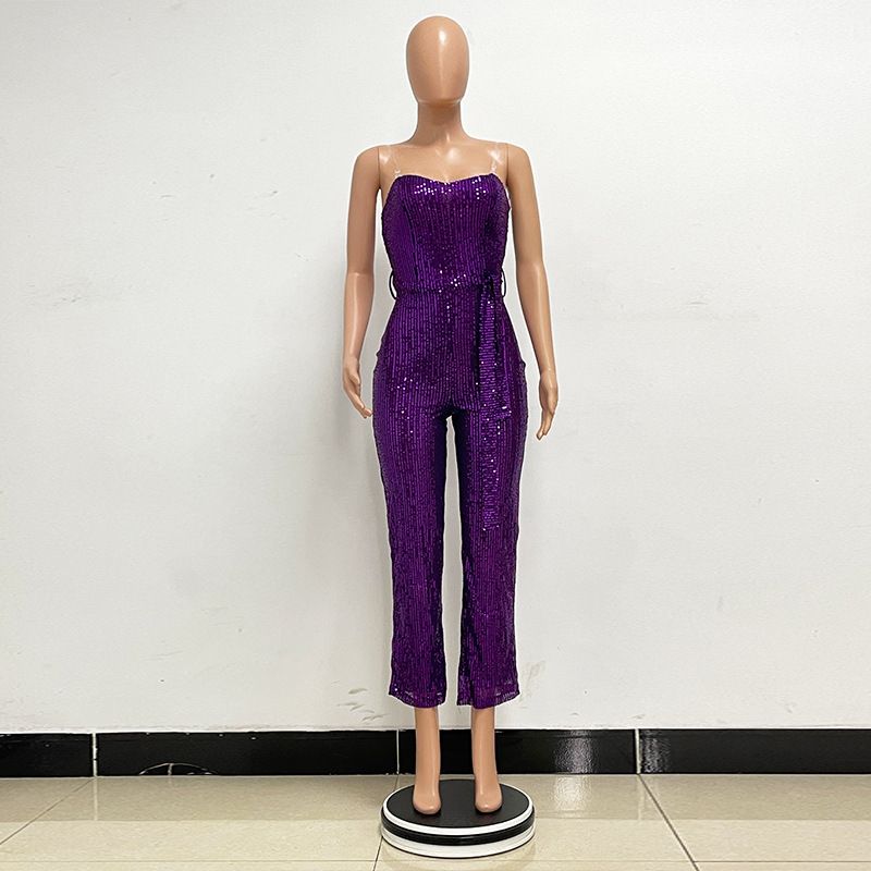 Dametøj Ærmeløs pailletterbæltejumpsuit ensfarvet tubetop rygløs jumpsuit_voghion.com