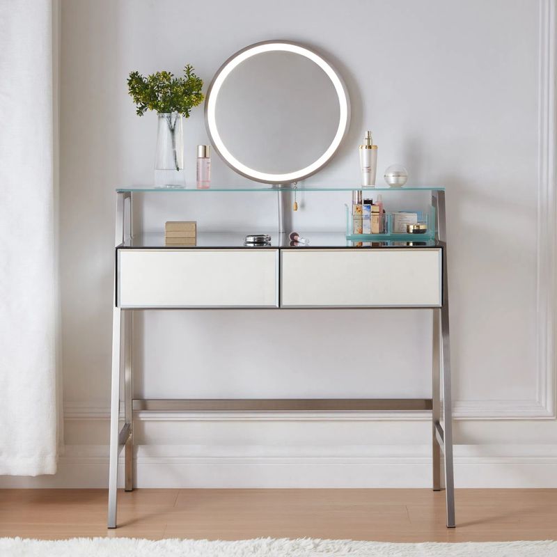 33.9" Mirrored Makeup Vanity Desk With Mirror And Lights, Mirrored Console Vanity Table With 2 Big Drawers & Open Shelf, Dressing Table With Charging Station For Bedroom, Silver_voghion.com