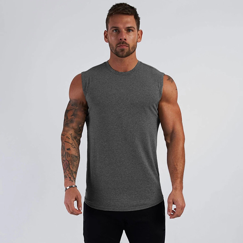 T-shirt senza maniche sportiva estiva solida con piastra liscia Canotta fitness da uomo Canotta da allenamento da corsa in puro cotone_voghion.com
