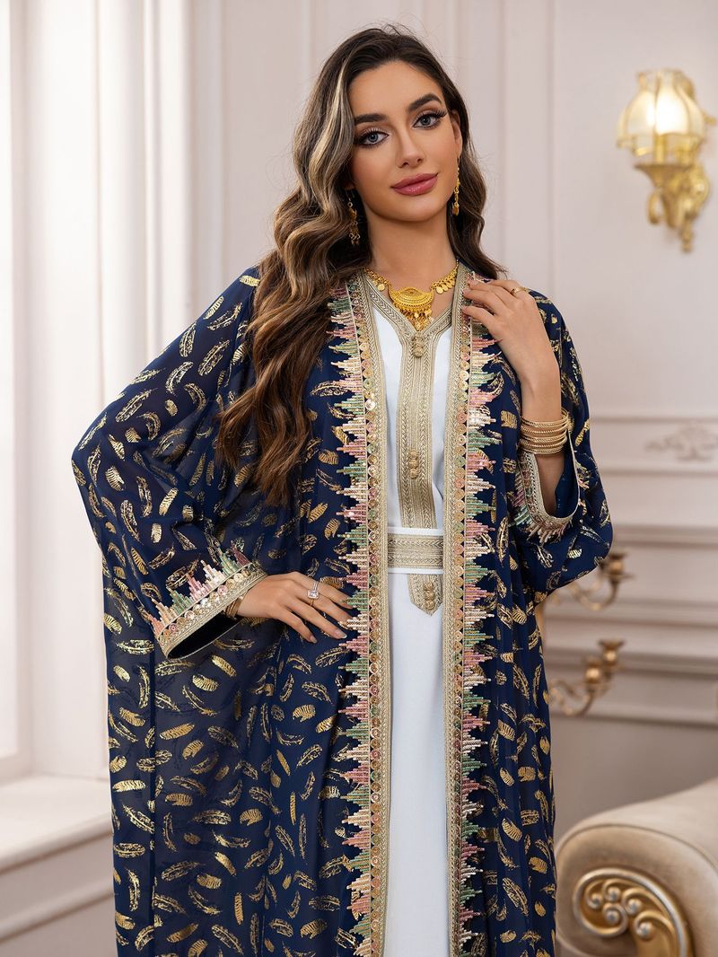 Elegant Embroidered Abaya Set With Belt - Premium Chiffon Long Dress & Open Front Cover - Plus Size Dubai Islamic Women's Clothing Available_voghion.com