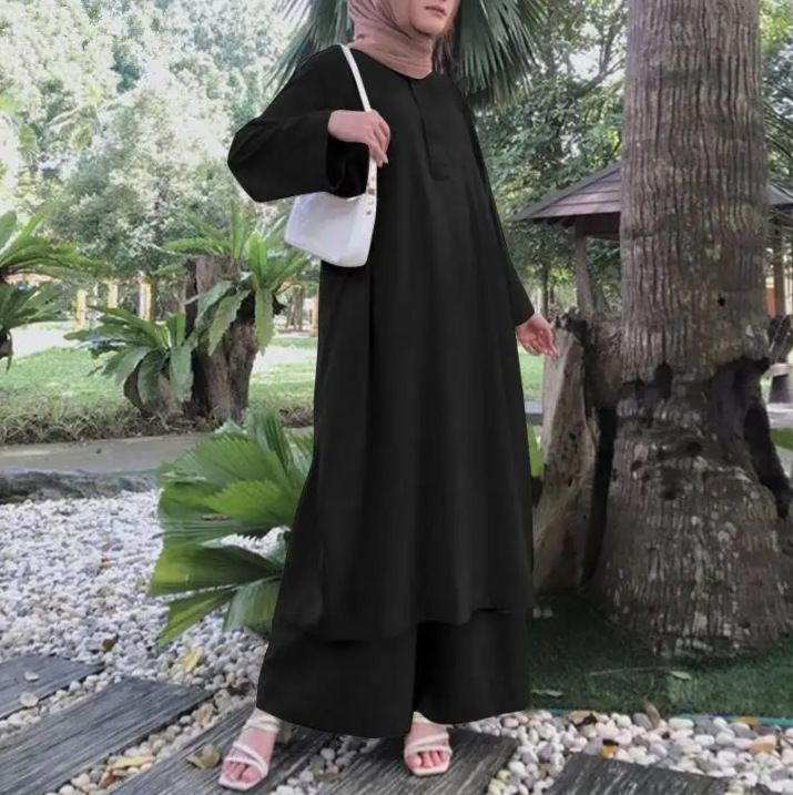 2025 Set di due pezzi per abbigliamento da donna musulmano, tinta unita, primavera e autunno, pullover lungo, taglie forti_voghion.com
