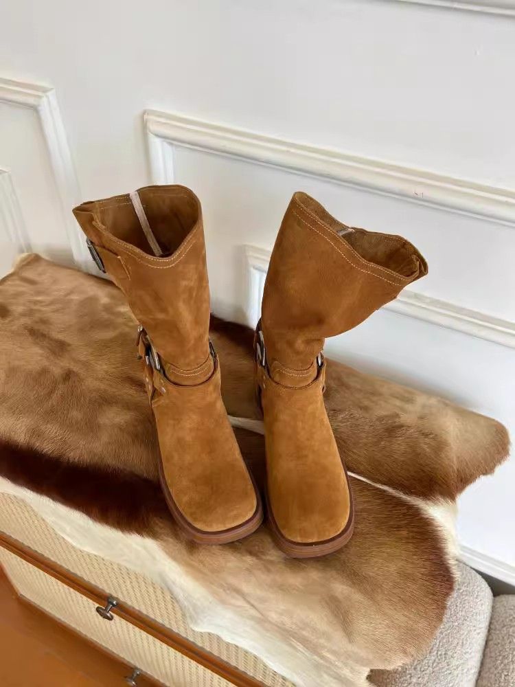 Matte Cowhide Western Cowboy Women's Genuine Leather Thick Heeled Short Boots, Square Toe Brown High Heels,_voghion.com