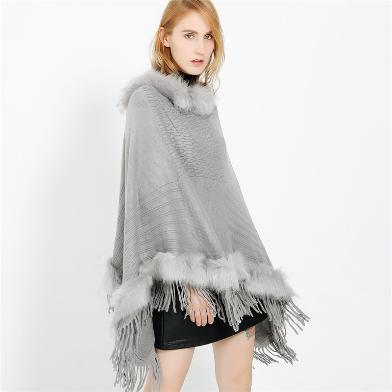 Pulover în stil la modă de toamnă și iarnă, culoare solidă, guler de blană, tiv mare, eșarfă șal din cașmir cu ciucuri_voghion.com