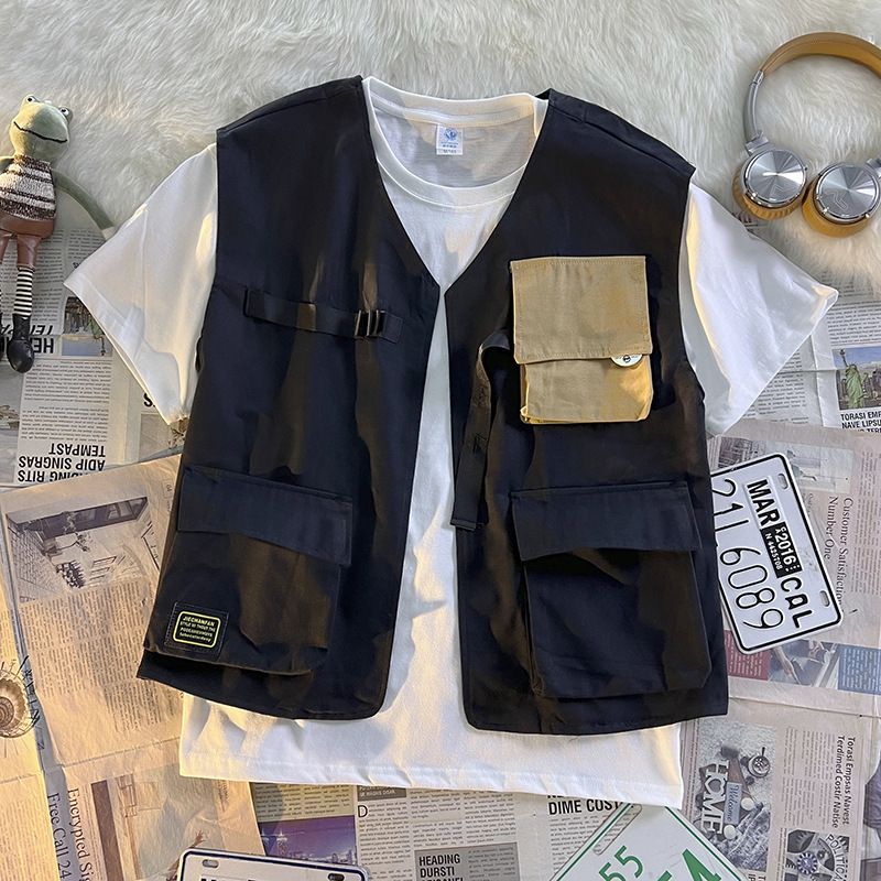 Retro functioneel tactisch vest voor heren, mouwloos hemd voor heren, werkjas_voghion.com