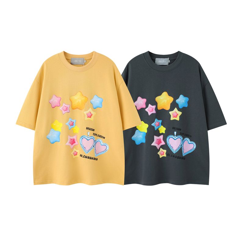 T-Shirt im amerikanischen Stil mit sternförmigem Herz-Print und Rundhalsausschnitt, kurzärmelig, für den Sommer, locker, lässig, vielseitig, für Paare_voghion.com