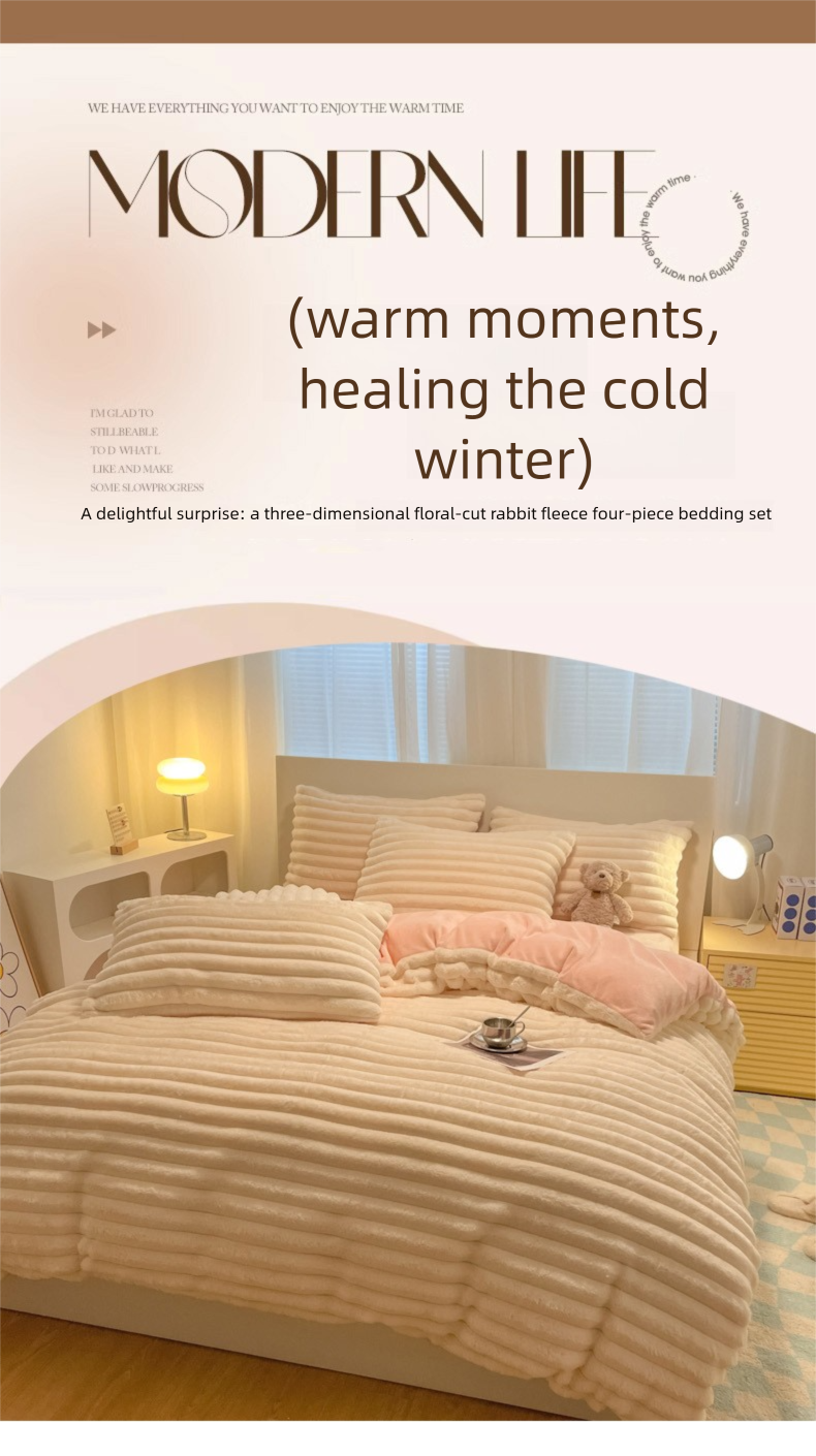 Winter Thickened Rex Rabbit Fur Plush Bedding Milk Velvet Coral Fleece Duvet Cover Bed Sheet Three-Piece Set Flannel_voghion.com