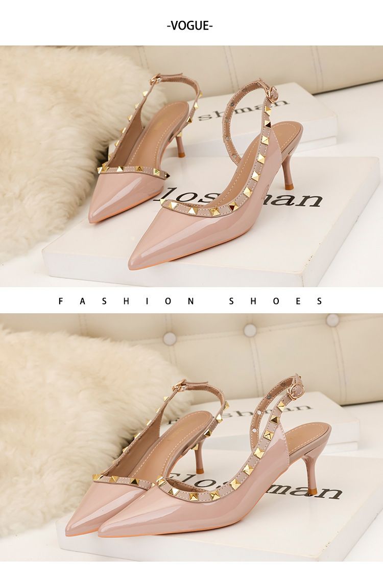 Women's simple fashion sexy nightclub stiletto high heel shallow mouth pointed rivet hollow women's sandals_voghion.com