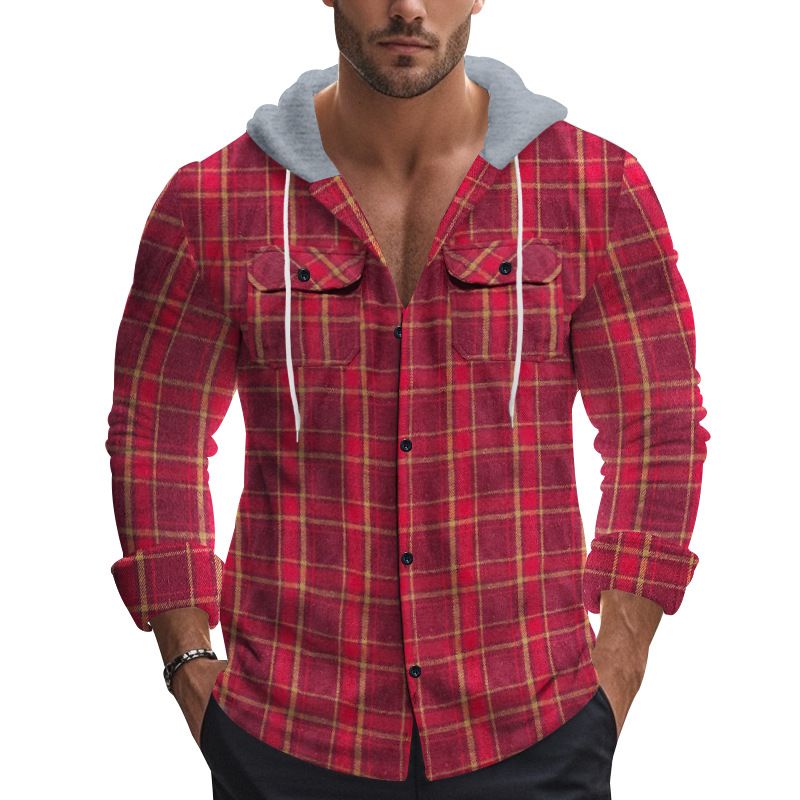 Camicia casual alla moda da uomo in stile americano, autunno inverno, con cappuccio, in flanella jacquard a quadri_voghion.com