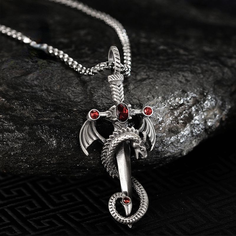 Hot sales Vintage Sier Color Dragon Sword Cross Pendant voor mannen Vrouwen Goth Punk Lange Ketting Hip Hop Sieraden_voghion.com