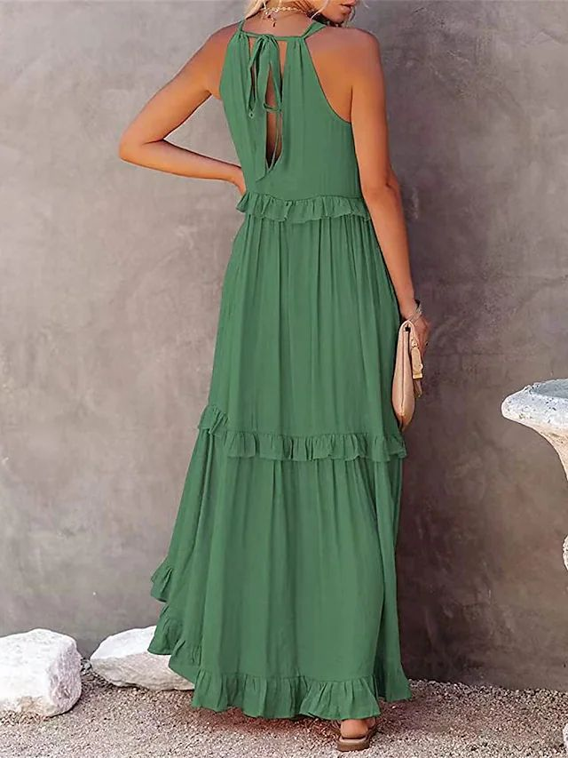 Vestidos largos con volantes estilo festivo para mujer Vestidos de playa fluidos con gran oscilación_voghion.com