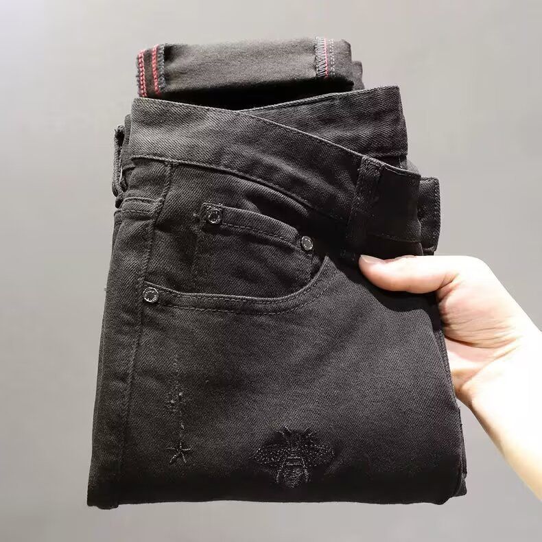 Jean noir pour homme avec broderie délicate de petites abeilles, nouveau pantalon skinny stretch taille mi-haute automne_voghion.com
