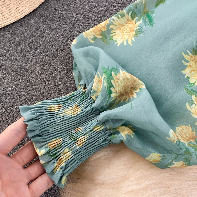 Women's Clothing light mature style, lantern long sleeves, bowknot, loose printed chiffon shirt, two-piece suit, high waist skirt_voghion.com