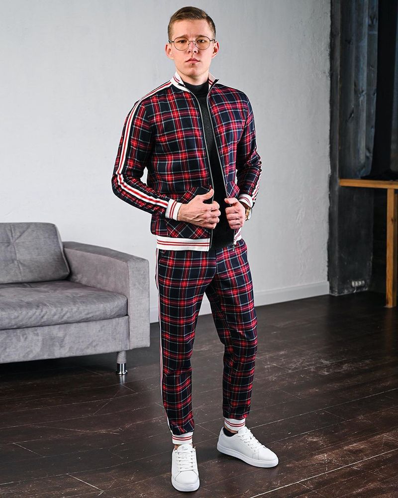 European and American striped sports casual suit men's large size slim sports trousers jacket two-piece set spring and autumn_voghion.com