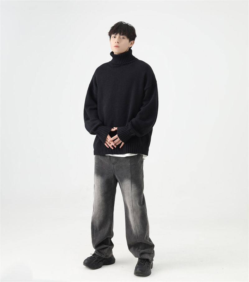 QOTRIOCK Turtleneck For Men Winter Loose Solid Color Fleece Lined Thickened Warm Couple Knitted Base Shirt Sweater_voghion.com