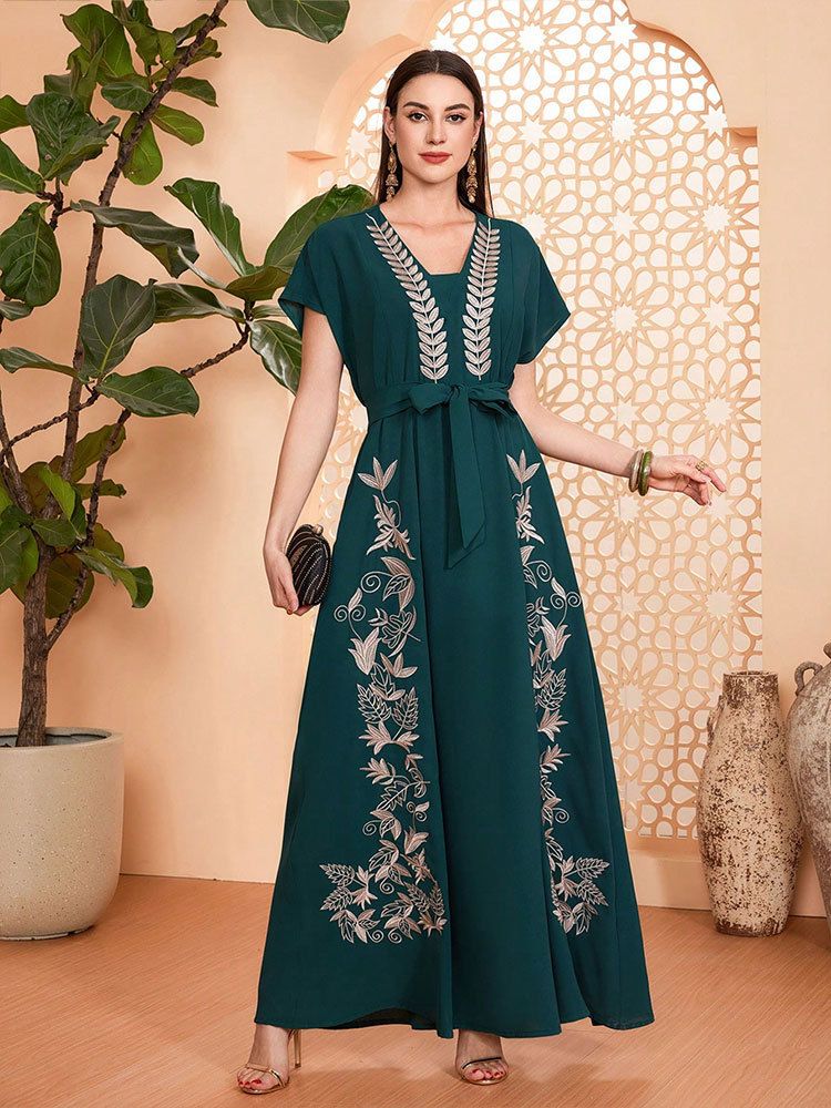 Robe Abaya musulmane style Dubaï – Robe longue brodée de fleurs avec col en V et taille haute, tissu froissé respirant pour femme_voghion.com