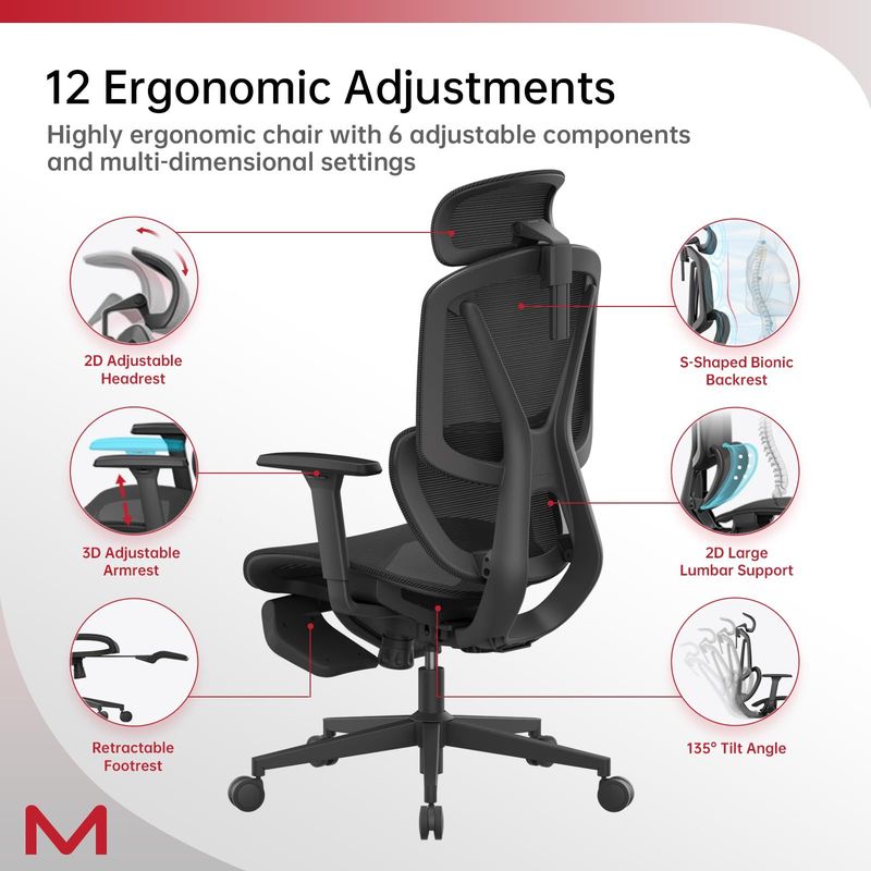 M2-MT Ergonomic Office Chair High Back Desk Chair With Large Elastic Adaptive Lumbar Support With Retractable Footrest 3D Headrest ARSS Armrest 135°Tilting Mesh Computer Chair BIFMA_voghion.com