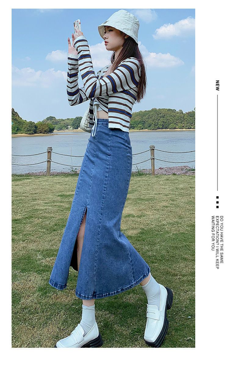 Fish tail half women's summer thin high waisted slit denim skirt, design sense, medium length elastic wrap around the_voghion.com