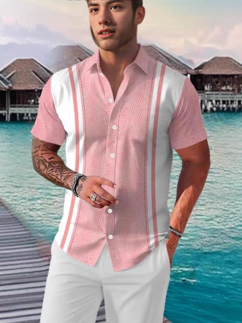 Herrenbekleidung Dünnes, atmungsaktives, bedrucktes, gestreiftes Kurzarmhemd für den Strand und die Freizeit_voghion.com