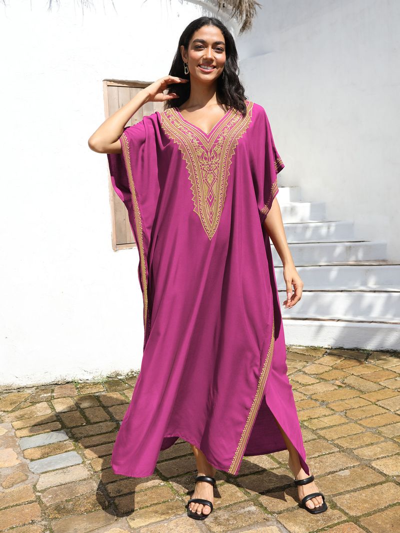 Copricostume da spiaggia da donna, in cotone, con ricami dorati, per le feste_voghion.com