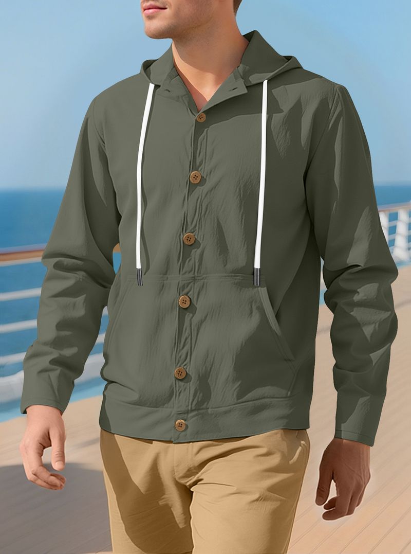 Camicia da uomo con bottoni, casual, ampia, in lino, semplice, con cappuccio, a maniche lunghe, primaverile e autunnale_voghion.com