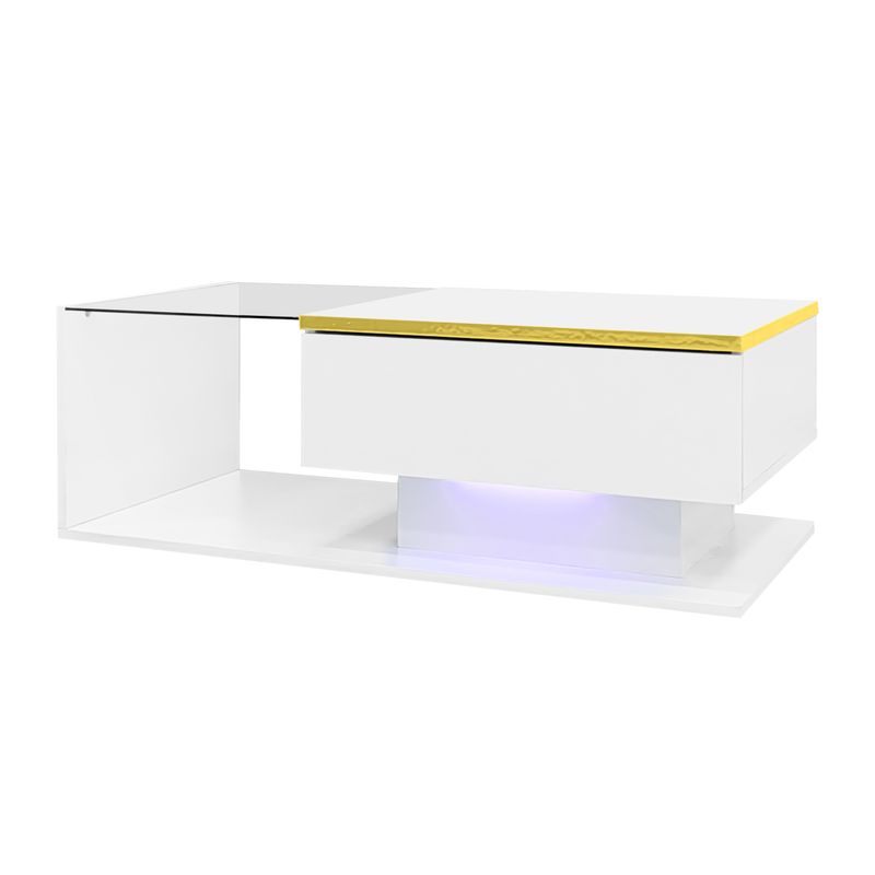 Table basse de 90 cm de long, blanc brillant, plateau en verre avec effet lumineux LED, table d'appoint de salon moderne_voghion.com