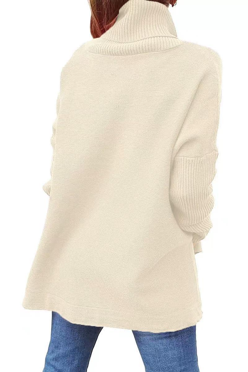 Dametrøje med høj hals, oversized pasform, mellemlang pullover med flagermusærmer, slidskant og bælte_voghion.com
