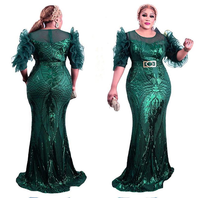 Paillettenkleid für Damen, schmal geschnittener Fischschwanz-Langrock, Bubble-Mesh-Ärmel, modische Abendgarderobe_voghion.com