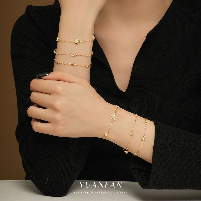 Bracelet tendance en argent pur S, polyvalent, géométrique, en forme d'étoile à cinq branches, serti de diamants, style français clair._voghion.com