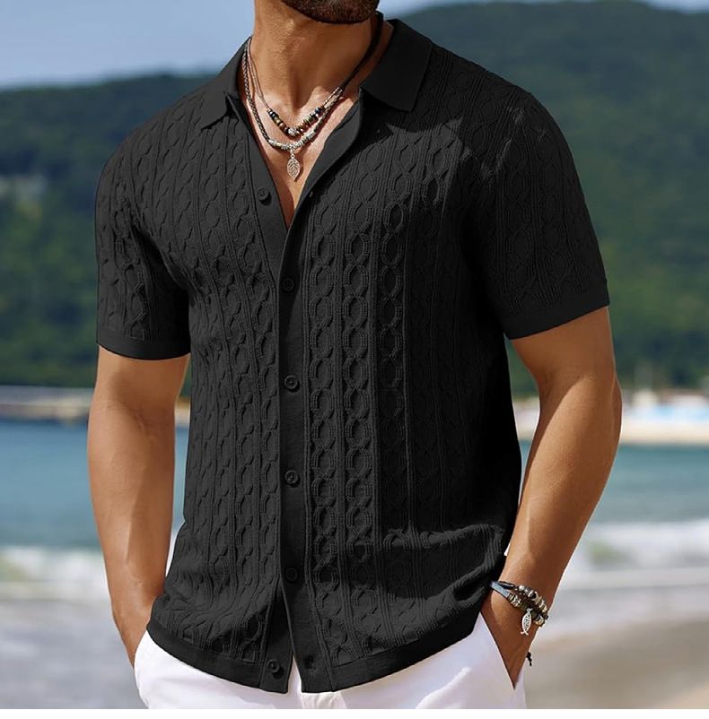 Men's Light Luxury Button-down Leisure Knitted Polo Shirt Popular Retro Solid Color Short Sleeve Chic Fashion Jacquard Knitwear_voghion.com