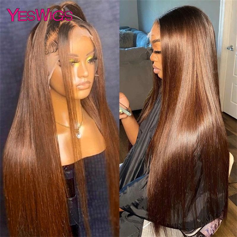 hot selling 13x6 Chocolate Brown Colored Front Human Hair HD Transparent Straight 360 Full Lace Frontal Wigs For Women Glueless_voghion.com