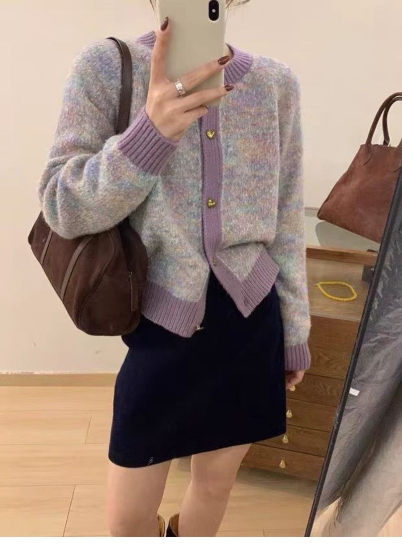 Autunno Inverno Nuovo Abbigliamento Donna Color-Block Piccolo Cuore Maglione Cardigan Stile Lazy Cappotto di Alta Qualità_voghion.com