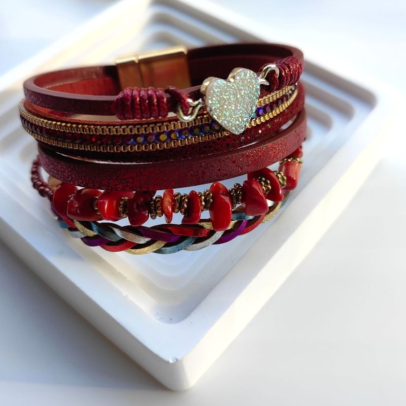 Multi Layer Fashionable Peach Heart Crushed Stone Leather Bracelet, Ladies' Magnetic Buckle Batch_voghion.com