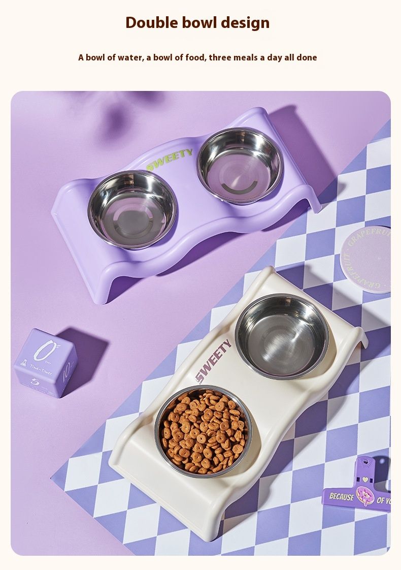 Meow Dobbeltbølge Creme Halsbeskyttelse Kat Rustfrit Stål Skridsikkert og Anti-Banke Kæledyr Stor Kapacitet Hundeskål_voghion.com