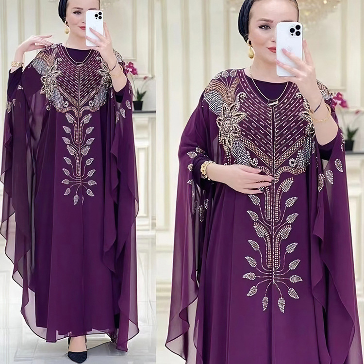 Robe en mousseline de soie pour femmes, couleur unie, industrie lourde, diamant chaud, ample, décontractée, manches chauve-souris, jupe_voghion.com