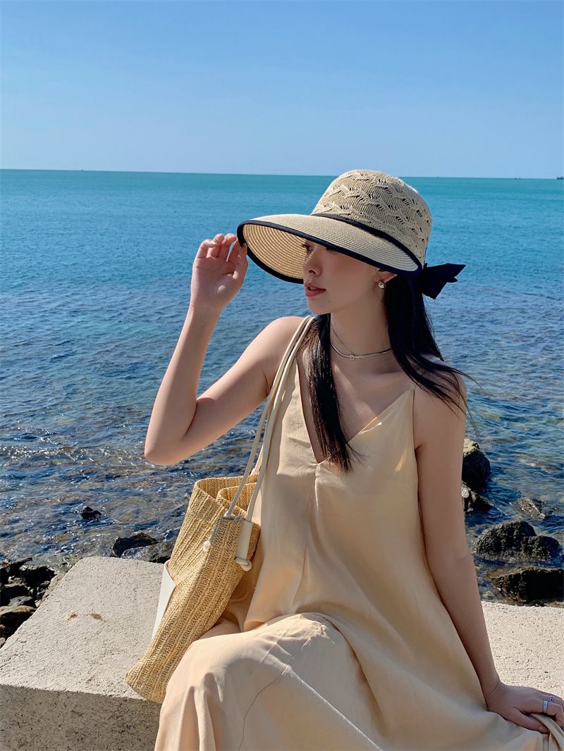Nuovi arrivi Cappello di paglia con coda di cavallo da donna, visiera a tesa larga, estivo, regolabile, cappelli pieghevoli da spiaggia_voghion.com