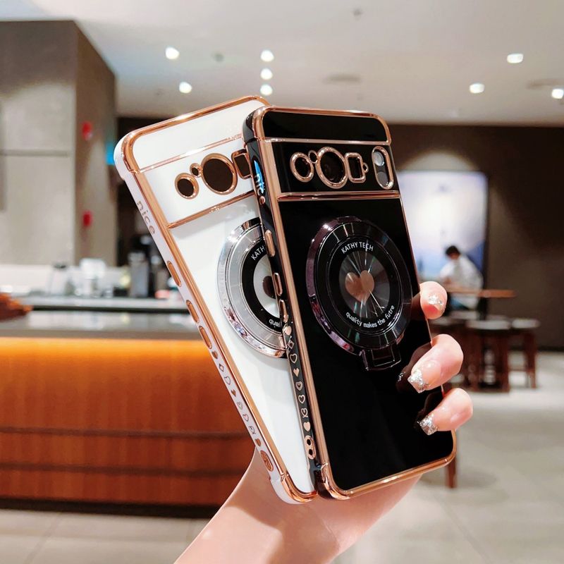 Coque de téléphone plaquée en forme de cœur sur le côté pour Google Pixel 10, 9 Pro XL, 8 Pro, 8A, 9A, 7A, 10 Pro et 9 Pro XL ; protection d'objectif et support inclus._voghion.com