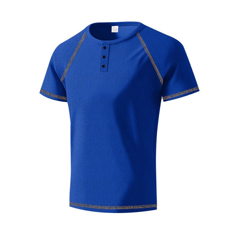 Unbeatable Quality 2025 American Style Waffle Henley Shirt Men's Contrasting Color Shoulder Slimming T-shirt Short Sleeved_voghion.com