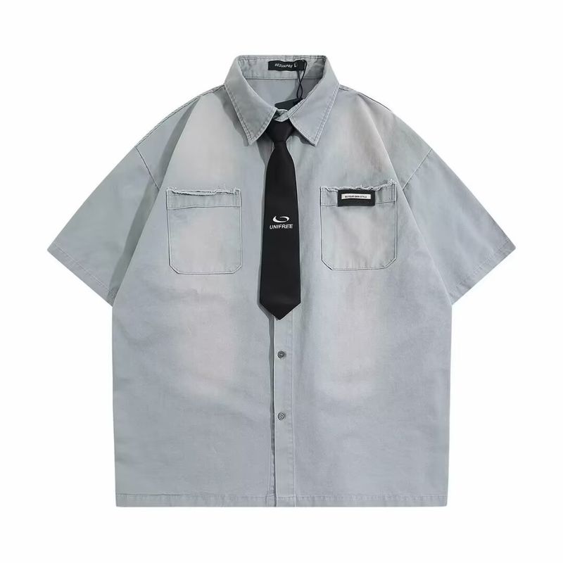 Gradient Casual Shirt Men's Short Sleeve - Loose Fit V-Neck Summer Top With Detachable Tie | Breathable Poly-Cotton Blend | Streetwear Style_voghion.com