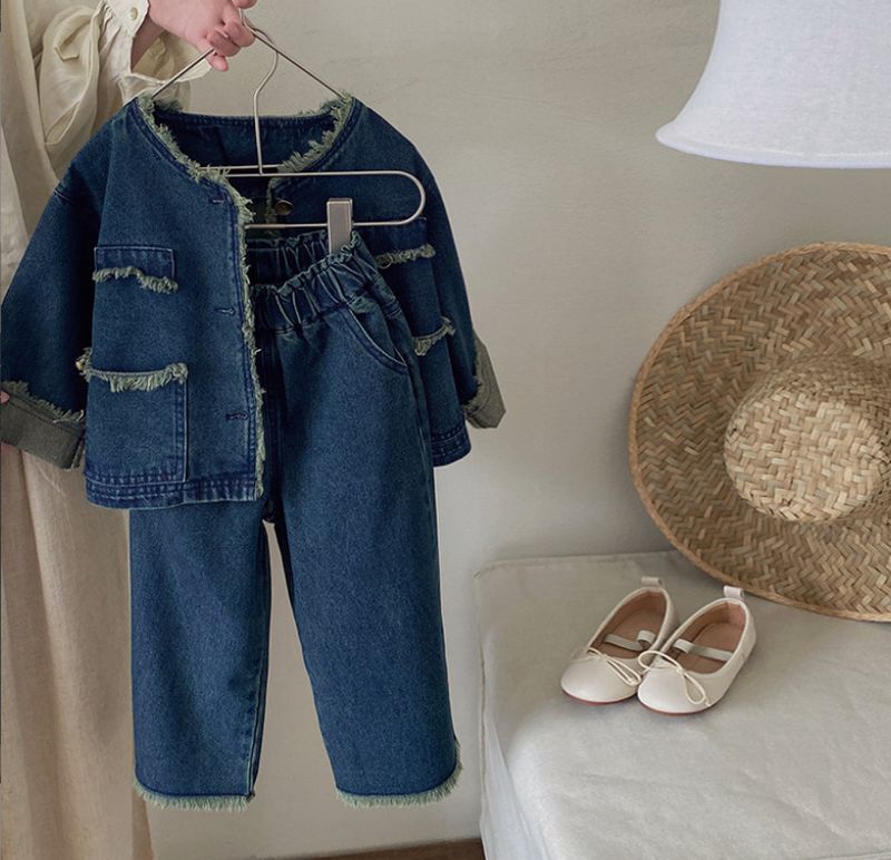 Abbigliamento per bambini, giacca di jeans con bordo grezzo, moda retrò, pantaloni a gamba larga_voghion.com