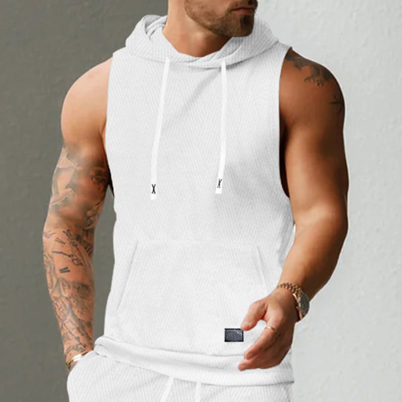 Felpa con cappuccio in maglia jacquard casual da uomo, senza maniche, con tasca applicata e coulisse_voghion.com