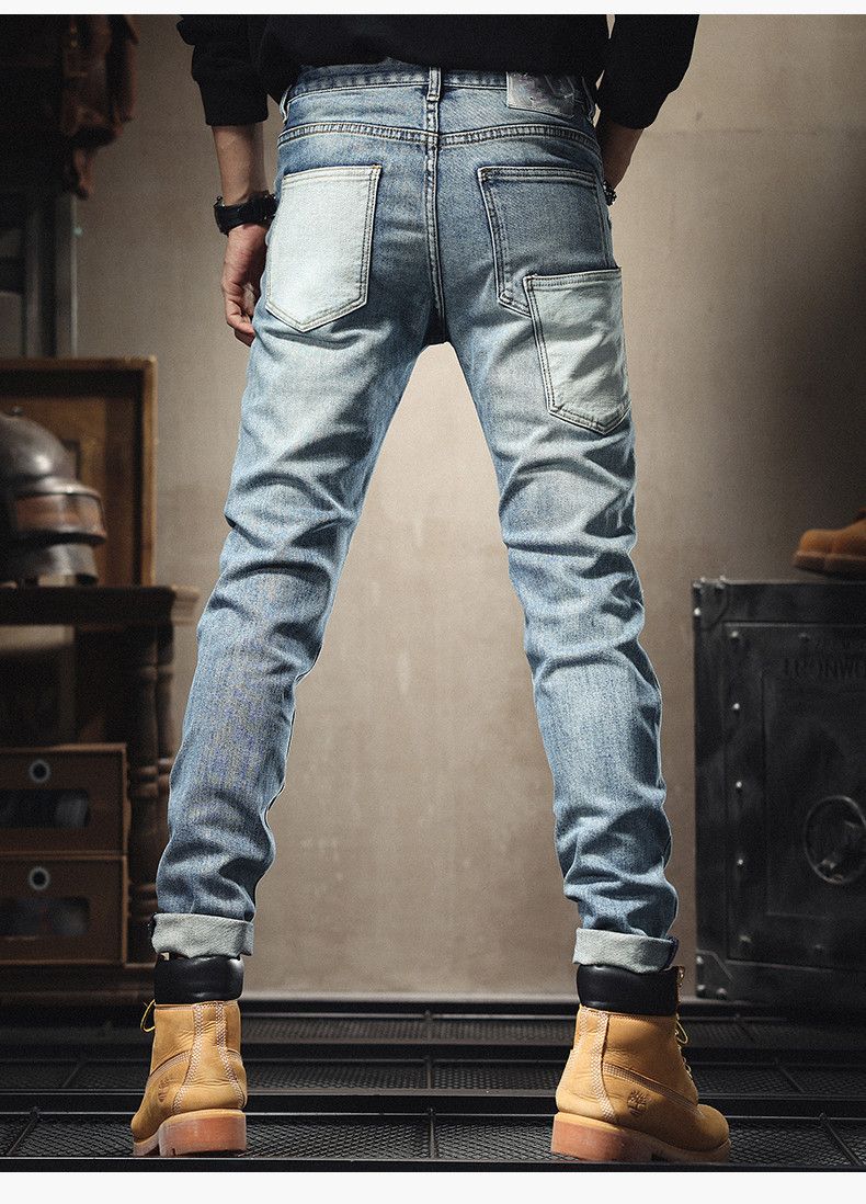 Kleidung für Teenager, zerrissene Jeans, Slim Fit, Stretch-Röhrenhose, helle Farbe, mehrere Taschen, High-End, trendige Markennähte, Bettlerhose_voghion.com