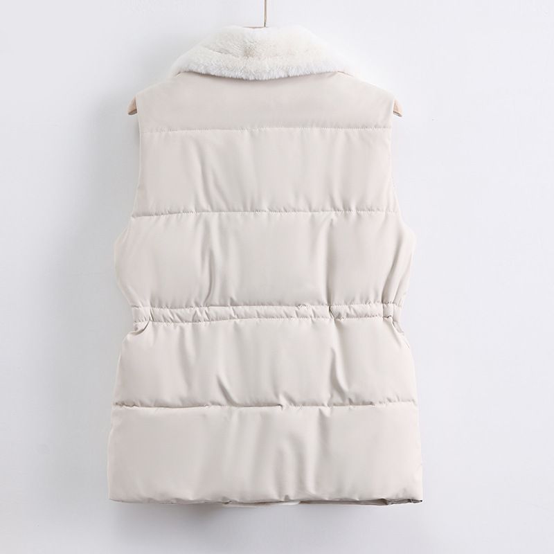 Gesteppte Damenweste mit Kunstpelzkragen – Lange Pufferjacke ohne Ärmel für Herbst und Frühling, warme Polyesterfüllung, vielseitige Unifarben_voghion.com