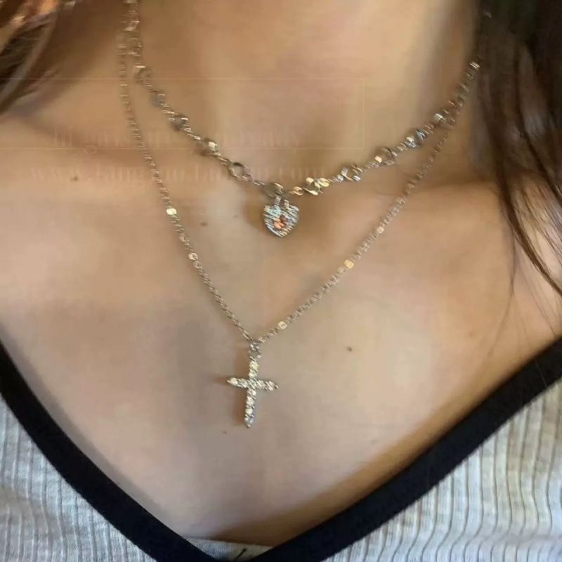 Atmospheric Double Layer Pink Inlaid Heart Necklace Short Sparkling Diamond Choker 2024 New Clavicle Chain Cute_voghion.com