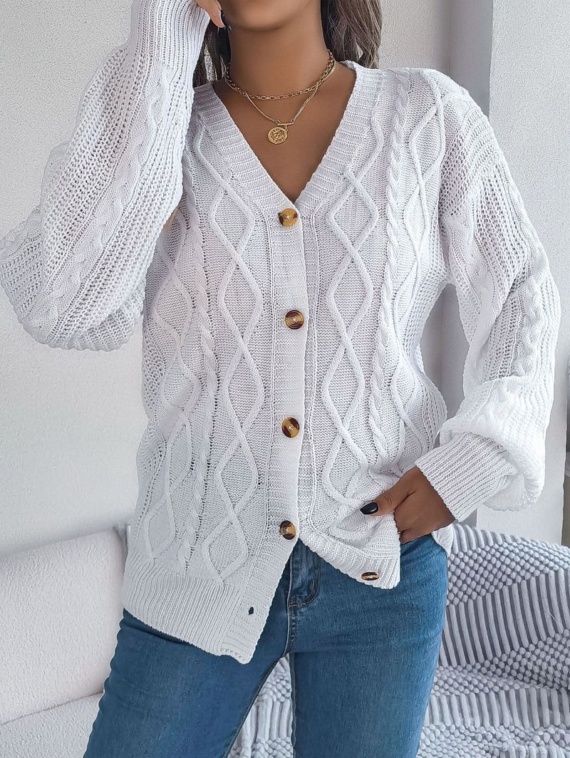 Cardigan in maglia a trecce con bottoni, scollo a V, manica a lanterna, casual, autunno inverno 2025, moda donna_voghion.com