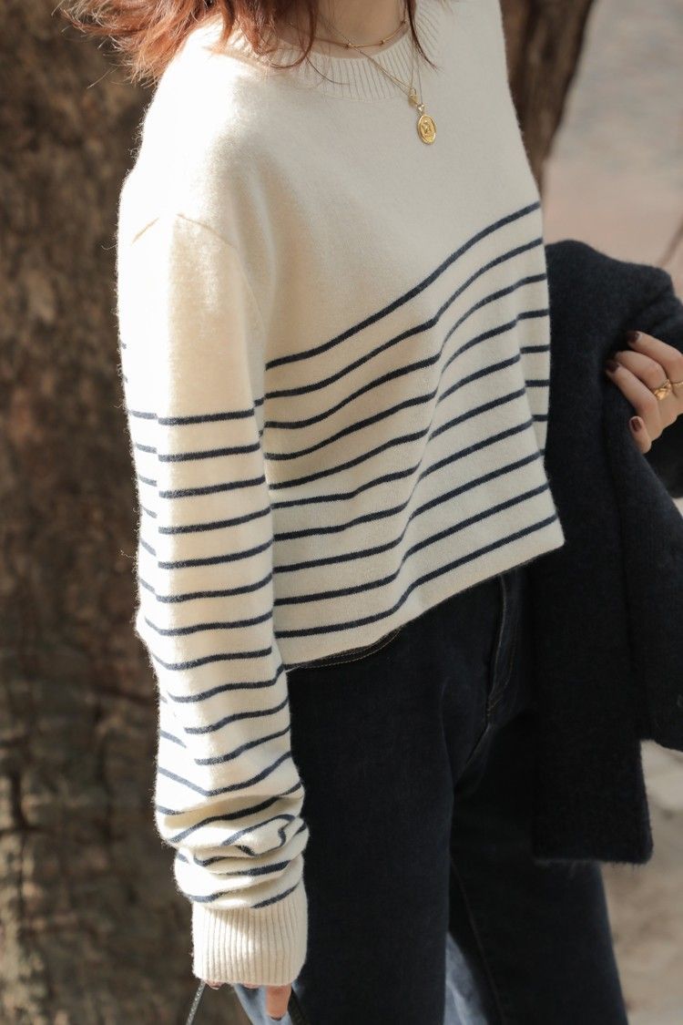 Maglione da donna in pura lana - Pullover in morbida maglia a righe con vestibilità ampia, scollo rotondo e maniche lunghe per abbigliamento casual e da ufficio_voghion.com