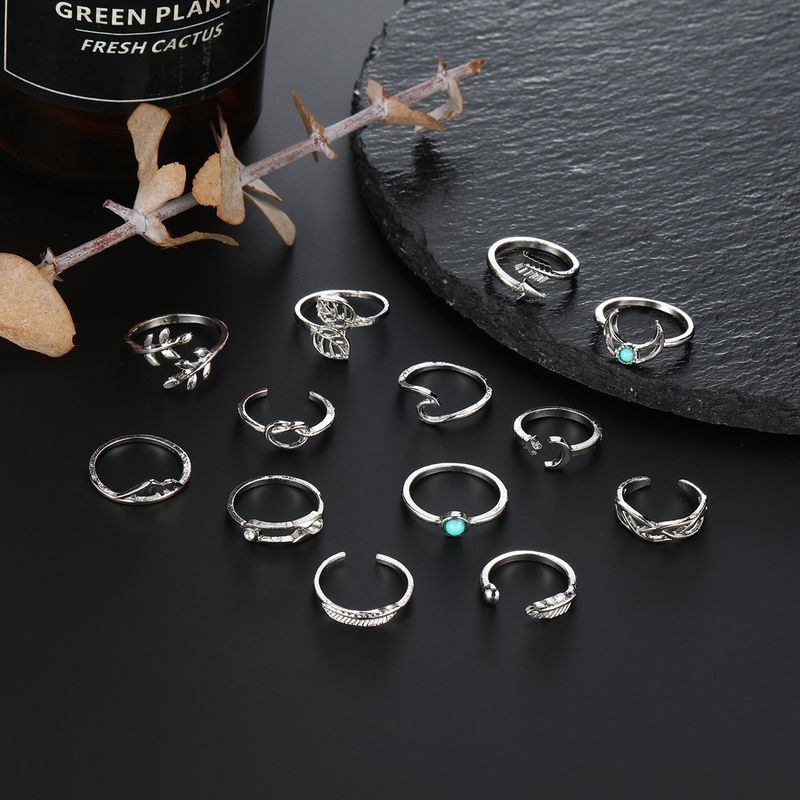 New Bohemian Leaf Moon Arrow Turquoise 13 Piece Set Ring_voghion.com