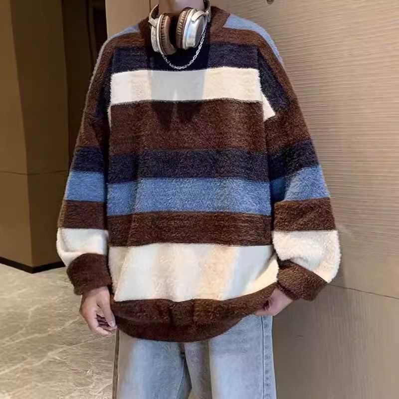 New mink striped sweater men's winter thick contrasting color autumn and winter couple lazy style round neck knitted sweater_voghion.com